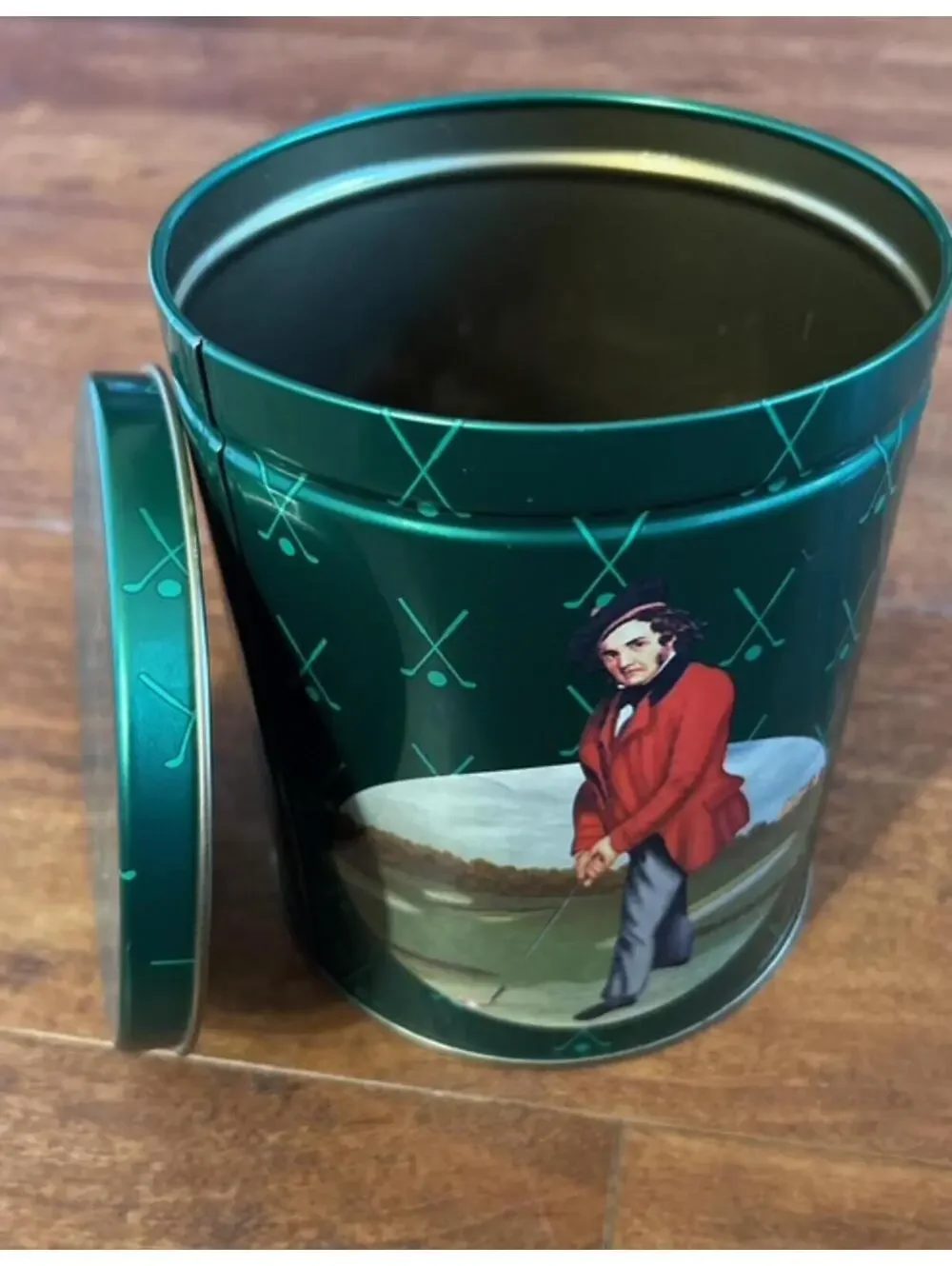 Vintage Green Metal Golf-Themed Storage Tin Canister